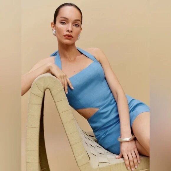 Reformation Valli Linen Halter Cut Out Mini Dress NWT Parisian Blue Size 8 - Picture 4 of 9